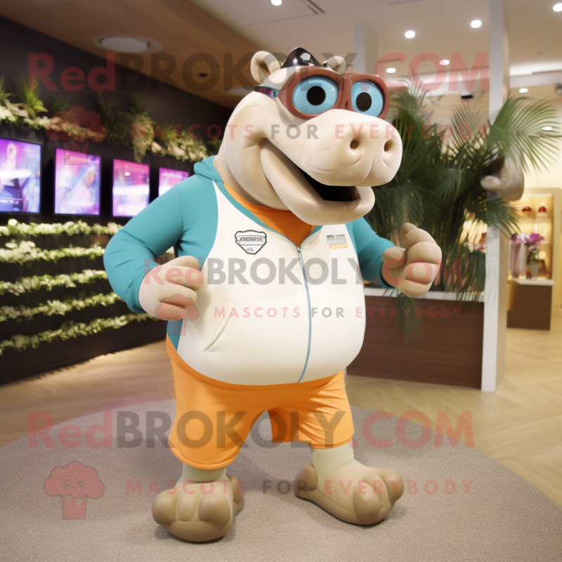 Tan Hippopotamus mascot costume character dressed with a Running Shorts and Sunglasses Tan Hippopotamus mascot costume character dressed with a Running Shorts and Sunglasses