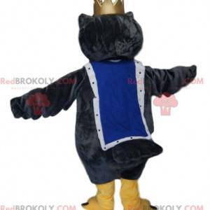 Mascotte gufo con una corona d'oro. Costume da gufo. -