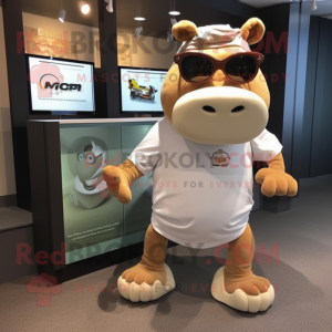 Tan Hippopotamus mascot costume character dressed with a Running Shorts and Sunglasses