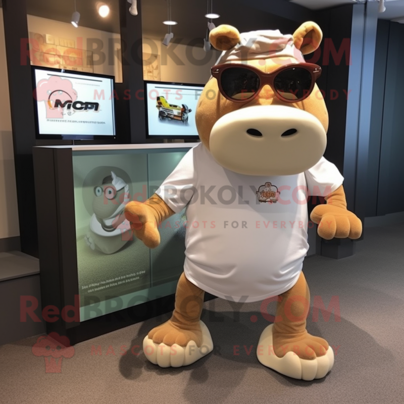Tan Hippopotamus mascot costume character dressed with a Running Shorts and Sunglasses Tan Hippopotamus mascot costume character dressed with a Running Shorts and Sunglasses