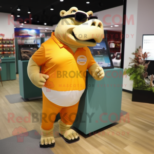 Tan Hippopotamus mascot costume character dressed with a Running Shorts and Sunglasses