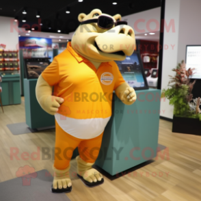 Tan Hippopotamus mascot costume character dressed with a Running Shorts and Sunglasses