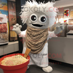 Silver Ramen mascot costume character dressed with a Graphic Tee and Mittens