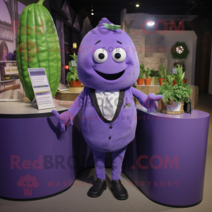 Lavender Zucchini mascot costume character dressed with a Suit and Coin purses