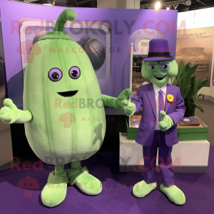 Lavender Zucchini mascot costume character dressed with a Suit and Coin purses