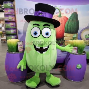 Lavender Zucchini mascot costume character dressed with a Suit and Coin purses