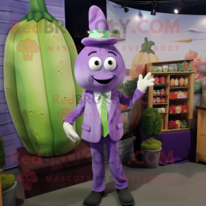 Lavender Zucchini mascot costume character dressed with a Suit and Coin purses