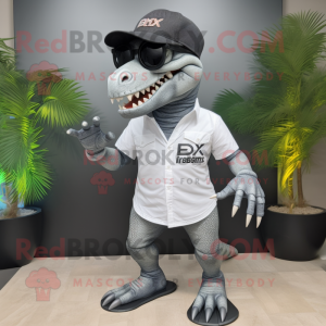 Gray T Rex mascot costume character dressed with a Bermuda Shorts and Sunglasses