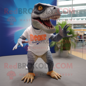 Gray T Rex mascot costume character dressed with a Bermuda Shorts and Sunglasses