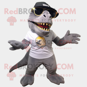 Gray T Rex mascot costume character dressed with a Bermuda Shorts and Sunglasses