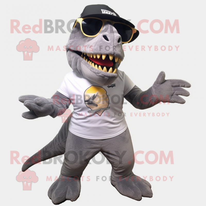 Gray T Rex mascot costume character dressed with a Bermuda Shorts and Sunglasses Gray T Rex mascot costume character dressed with a Bermuda Shorts and Sunglasses