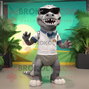 Gray T Rex mascot costume character dressed with a Bermuda Shorts and Sunglasses