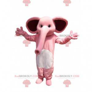 Mascotte d'éléphant rose, avec une trompe immense. -