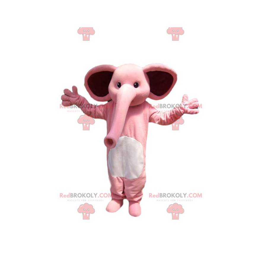 Mascot roze olifant, met een enorme slurf. - Redbrokoly.com