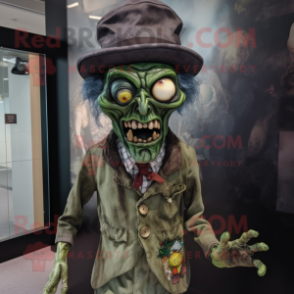 Forest Green Zombie mascot costume character dressed with a Blouse and Hat pins