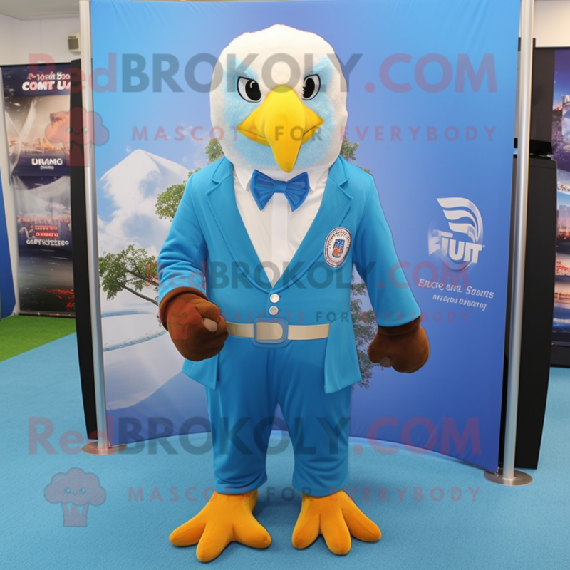 Sky Blue Bald Eagle mascot costume character dressed with a Dress Shirt and Cummerbunds