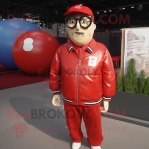 Red Petanque Ball mascot costume character dressed with a Bomber Jacket and Eyeglasses