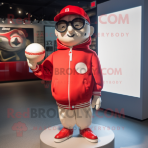 Red Petanque Ball mascot costume character dressed with a Bomber Jacket and Eyeglasses