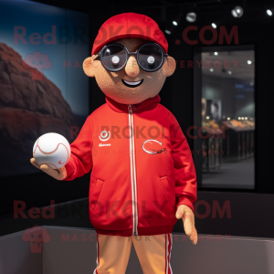 Red Petanque Ball mascot costume character dressed with a Bomber Jacket and Eyeglasses