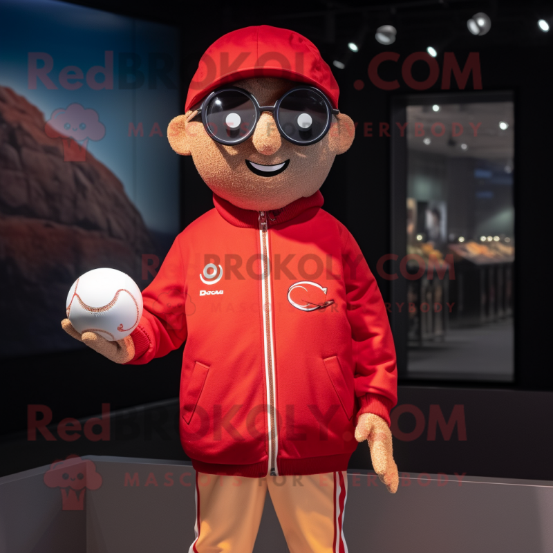 Red Petanque Ball mascot costume character dressed with a Bomber Jacket and Eyeglasses Red Petanque Ball mascot costume character dressed with a Bomber Jacket and Eyeglasses