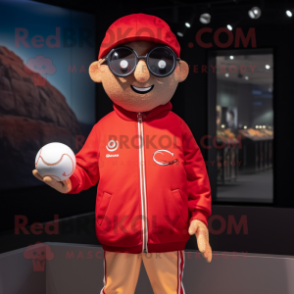 Red Petanque Ball mascot costume character dressed with a Bomber Jacket and Eyeglasses
