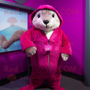Magenta Otter mascot costume character dressed with a Cardigan and Cummerbunds