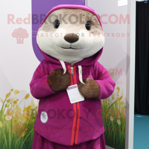 Magenta Otter mascot costume character dressed with a Cardigan and Cummerbunds