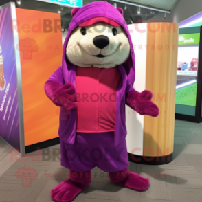 Magenta Otter mascot costume character dressed with a Cardigan and Cummerbunds