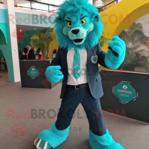 Turquoise Lion mascot costume character dressed with a Suit Jacket and Belts