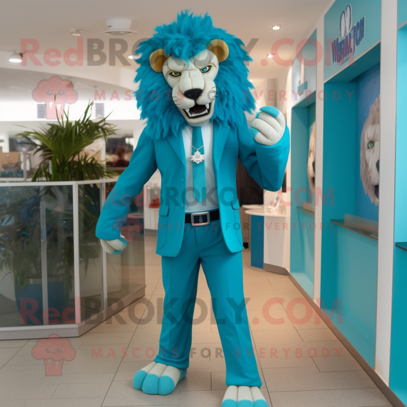 Turquoise Lion mascot costume character dressed with a Suit Jacket and Belts Turquoise Lion mascot costume character dressed with a Suit Jacket and Belts