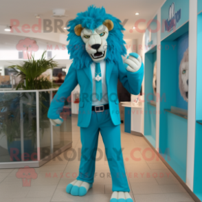 Turquoise Lion mascot costume character dressed with a Suit Jacket and Belts