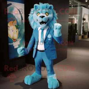 Turquoise Lion mascot costume character dressed with a Suit Jacket and Belts