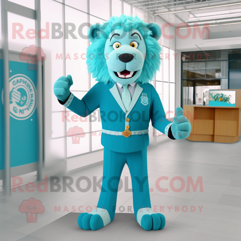 Turquoise Lion mascot costume character dressed with a Suit Jacket and Belts