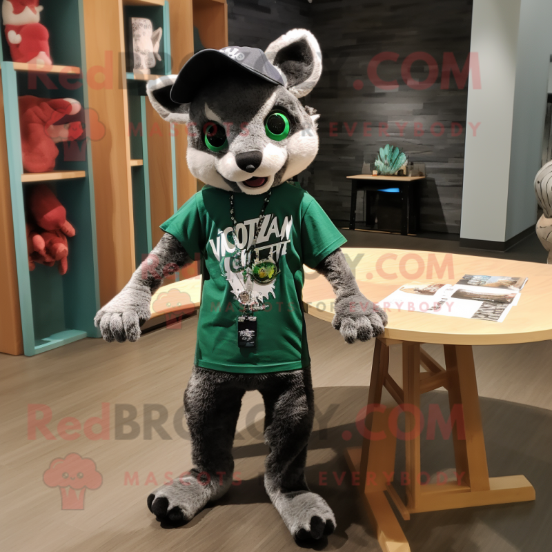 Forest Green Civet mascot costume character dressed with a Graphic Tee and Hats