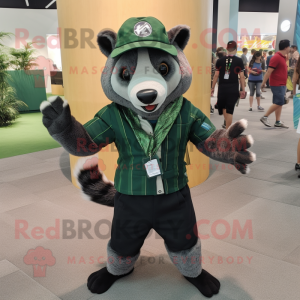 Forest Green Civet mascot costume character dressed with a Graphic Tee and Hats