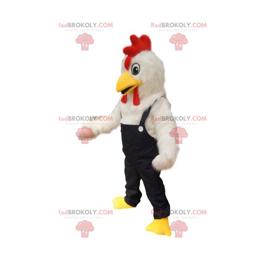 Mascote de frango branco com macacão jeans. - Redbrokoly.com