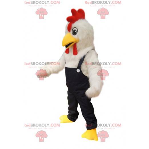 Weißes Hühnermaskottchen mit Jeansoverall. - Redbrokoly.com