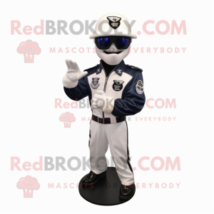 Navy American Soldier mascot costume character dressed with a Moto Jacket and Cufflinks