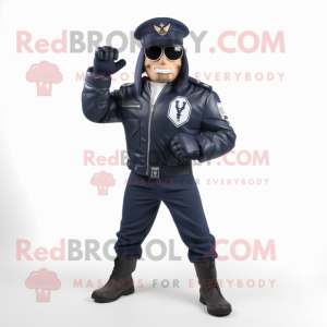 Navy American Soldier mascot costume character dressed with a Moto Jacket and Cufflinks