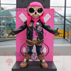 Pink Celtic Cross mascot costume character dressed with a Biker Jacket and Backpacks
