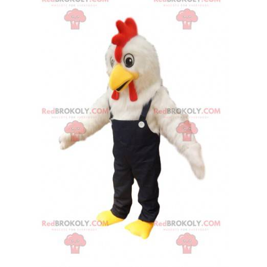 Mascote de frango branco com macacão jeans. - Redbrokoly.com