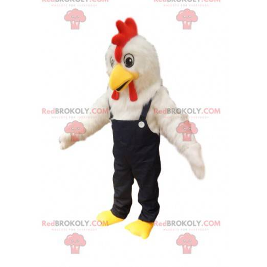 Weißes Hühnermaskottchen mit Jeansoverall. - Redbrokoly.com