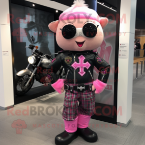 Pink Celtic Cross mascot costume character dressed with a Biker Jacket and Backpacks