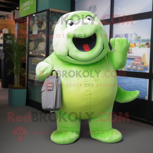 Lime Green Stellar'S Sea Cow mascot costume character dressed with a Jeans and Wallets