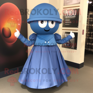 Blue Human Cannon Ball mascot costume character dressed with a Empire Waist Dress and Caps