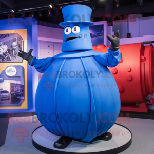 Blue Human Cannon Ball mascot costume character dressed with a Empire Waist Dress and Caps