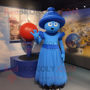 Blue Human Cannon Ball mascot costume character dressed with a Empire Waist Dress and Caps