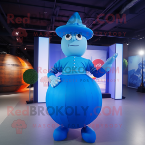 Blue Human Cannon Ball mascot costume character dressed with a Empire Waist Dress and Caps