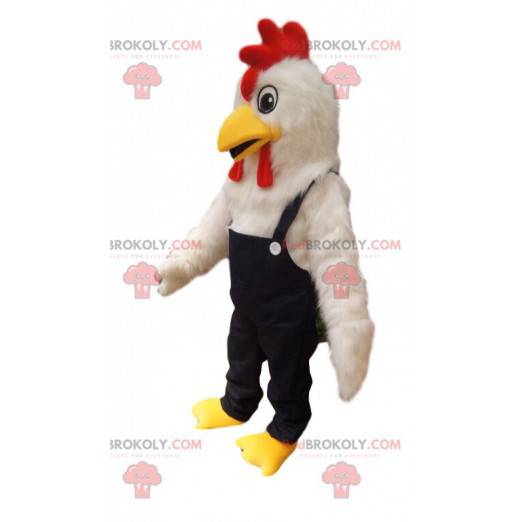 Weißes Hühnermaskottchen mit Jeansoverall. - Redbrokoly.com