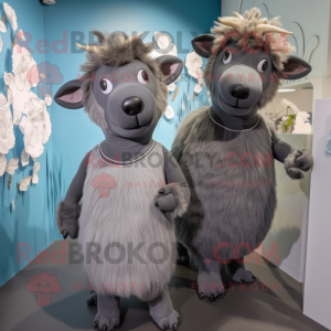 Gray Woolly Rhinoceros mascot costume character dressed with a Shift Dress and Hairpins